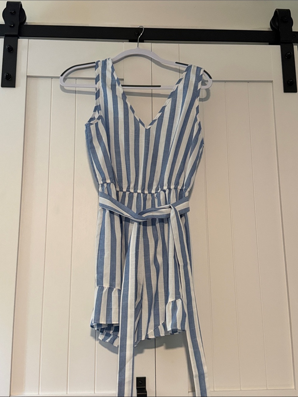 SHEIN Blue and White Striped Sleeveless Romper with Waist Tie